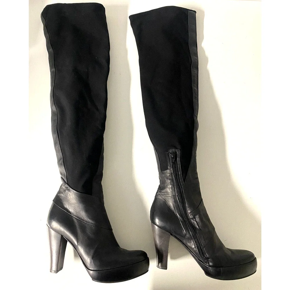 IXOS Boot Tall Over The Knee Leather Platform Stretch Fabric Black Zip 4…